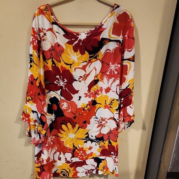 Floral Women's Swim Cover Or Top - Red, Yellow, Black - Picture 5 of 5